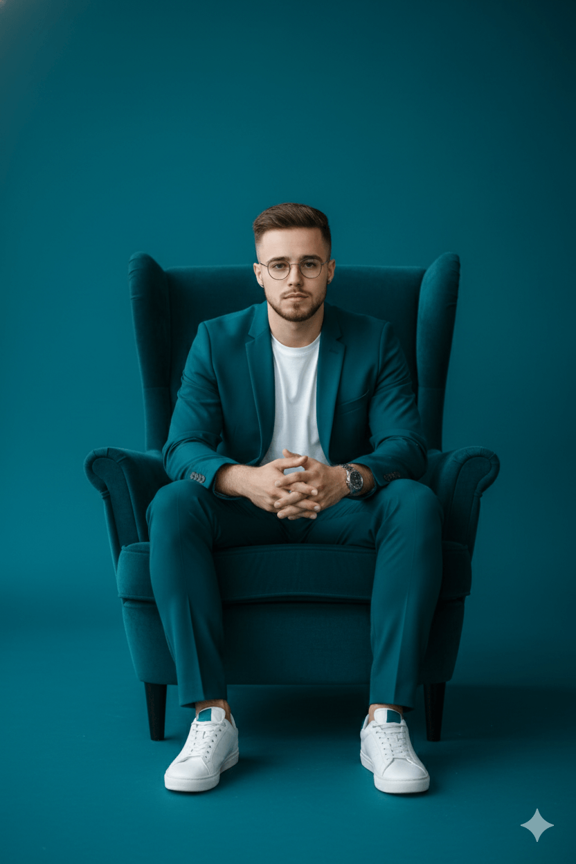 Confident, stylish, seated portrait