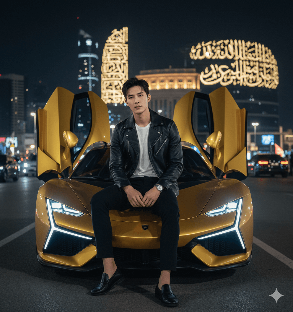 Stylish man with golden supercar