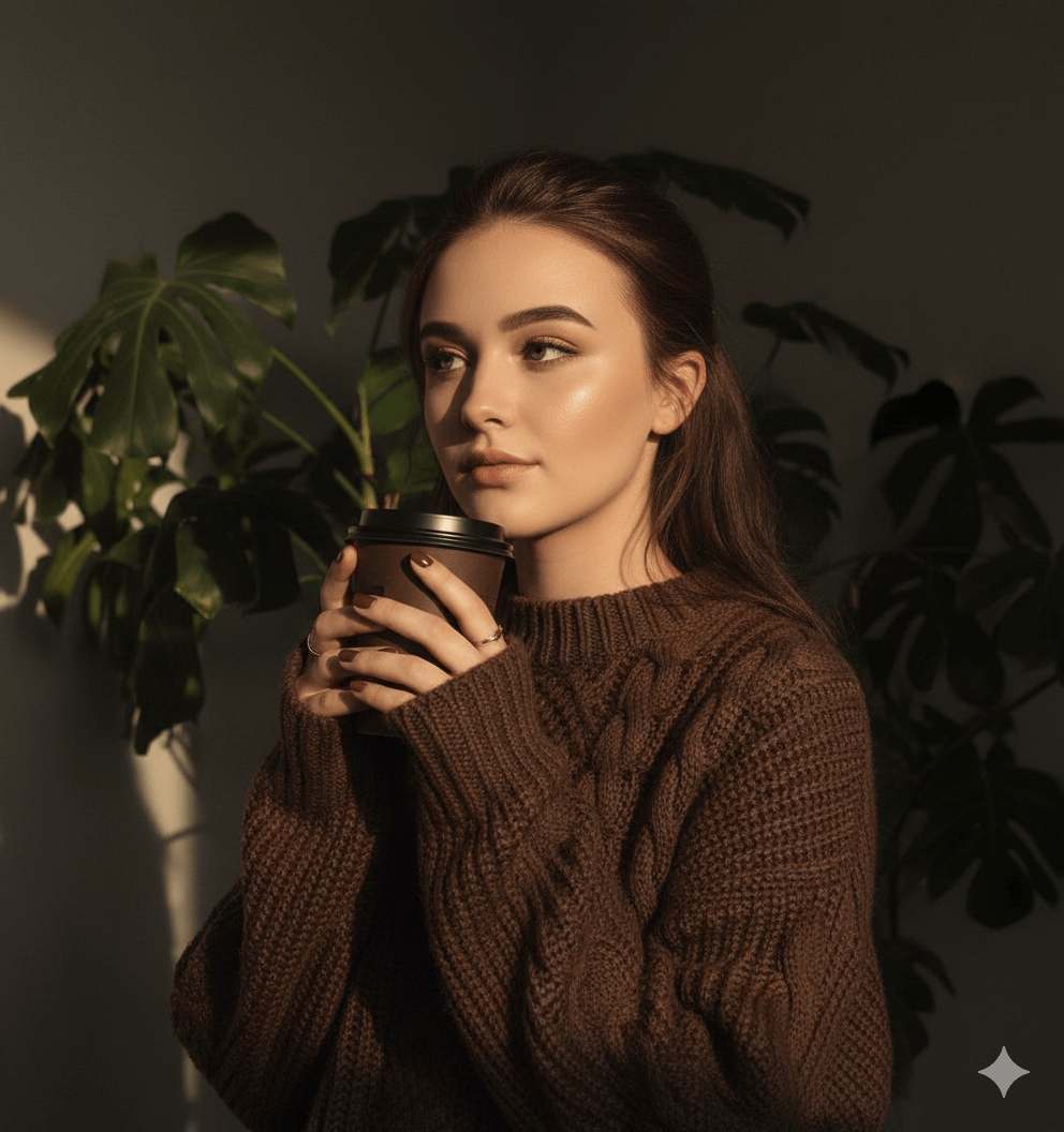 Pensive woman holding coffee