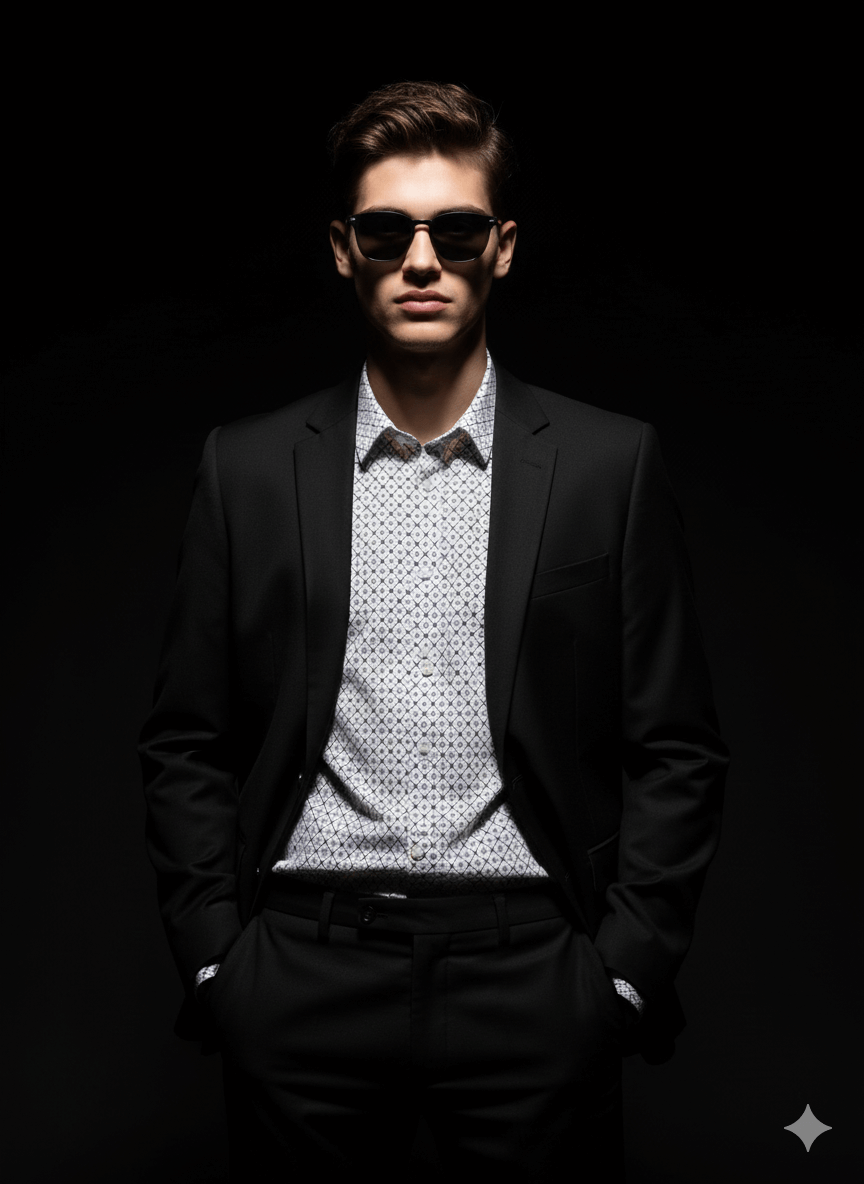 Confident man in suit and shadows