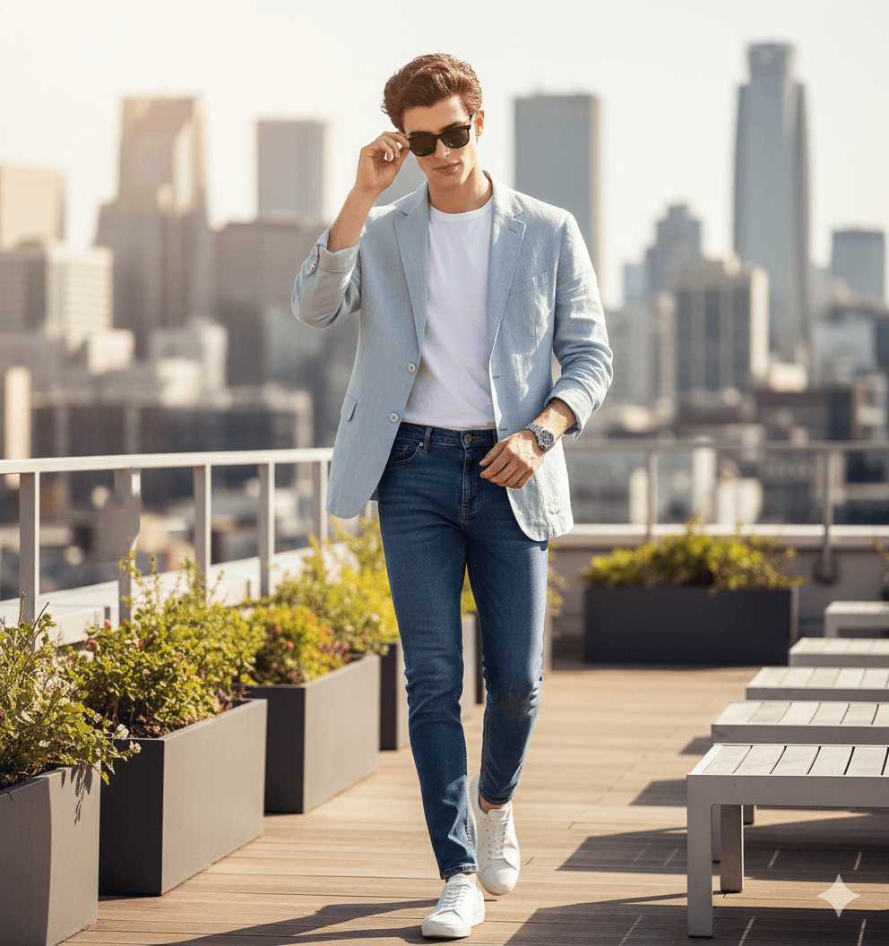 Stylish rooftop city stride
