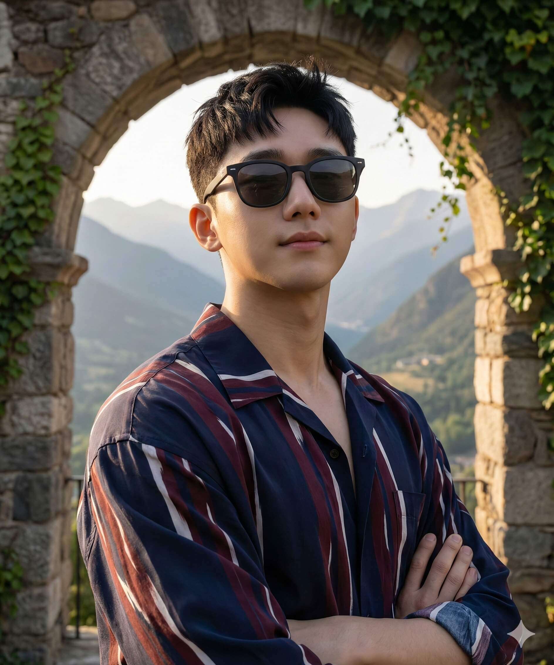 Arched frame, striped shirt